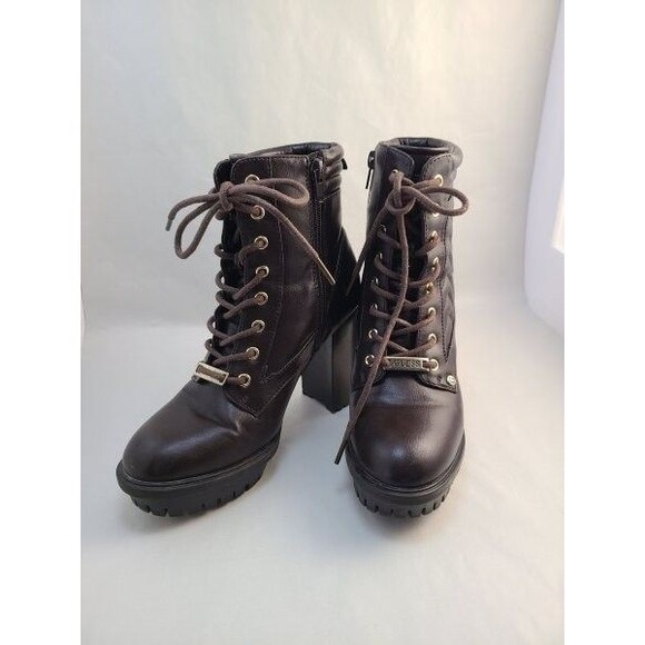 Guess Lace-Up Combat Boots Size 5.5 Brown Heeled Ankle Booties Gold Hardware - Picture 2 of 7